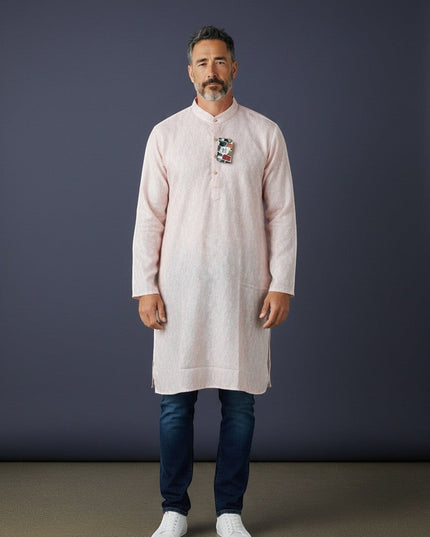 House Of Indian Wedding Attire light pink polyester kurta for men with a mandarin collar and decorative chest detail.