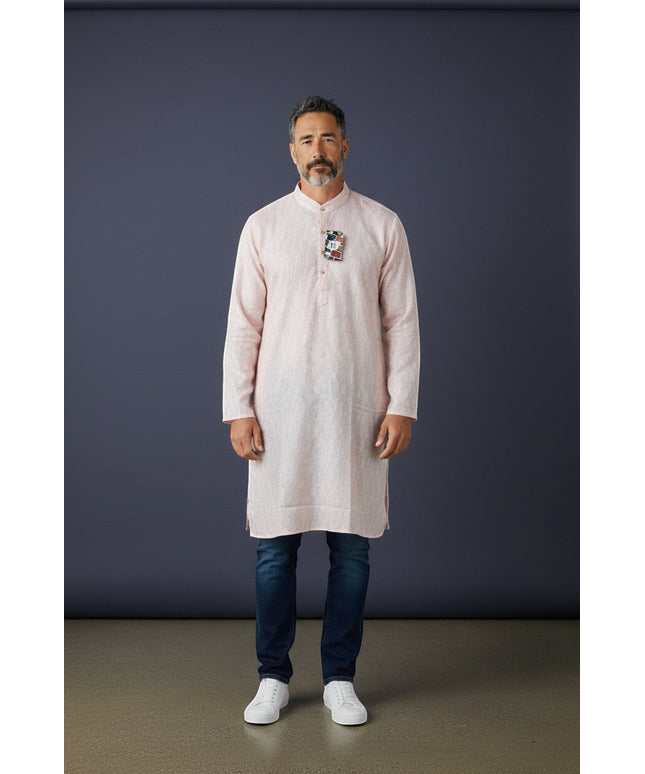 House Of Indian Wedding Attire light pink polyester kurta for men with a mandarin collar and decorative chest detail.