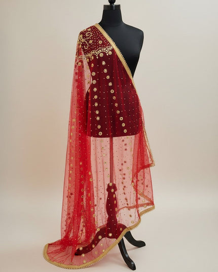 House Of Indian Wedding Attire red net bridal dupatta with gold sequins and mirror work embellishments and lace trim.