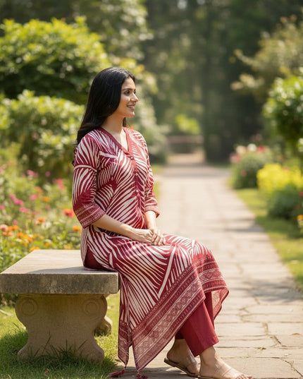House Of Indian Wedding Attire maroon and cream silk co ord set with leaf print and tassel detail