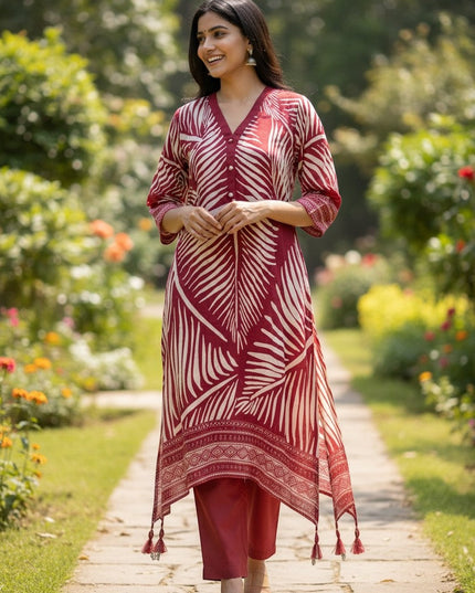 House Of Indian Wedding Attire maroon and cream silk co ord set with leaf print and tassels