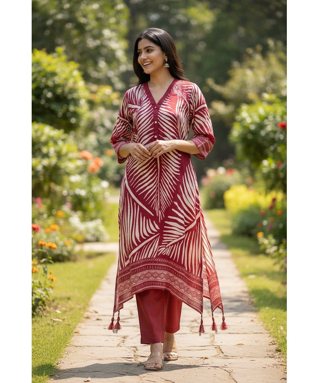 House Of Indian Wedding Attire maroon and cream silk co ord set with leaf print and tassels