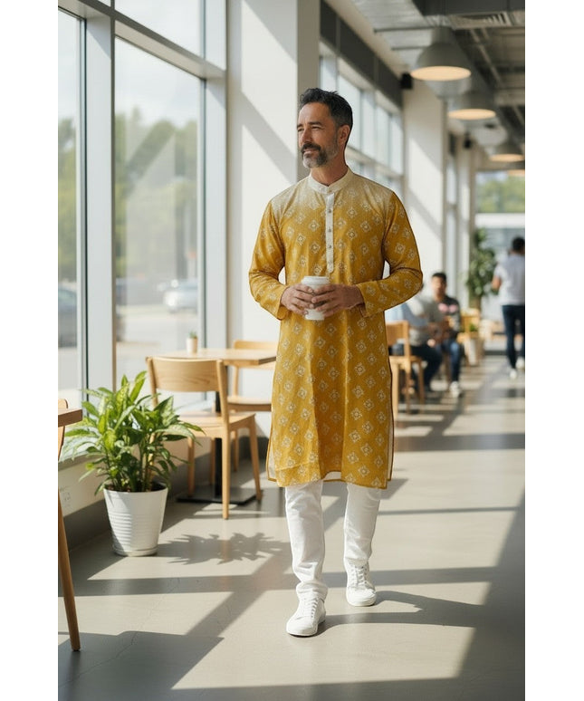House Of Indian Wedding Attire men's yellow cotton kurta pajama with white patterned print and white pants.
