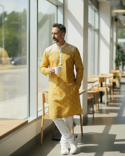 House Of Indian Wedding Attire men's yellow cotton kurta pajama set with white pants and subtle floral print.