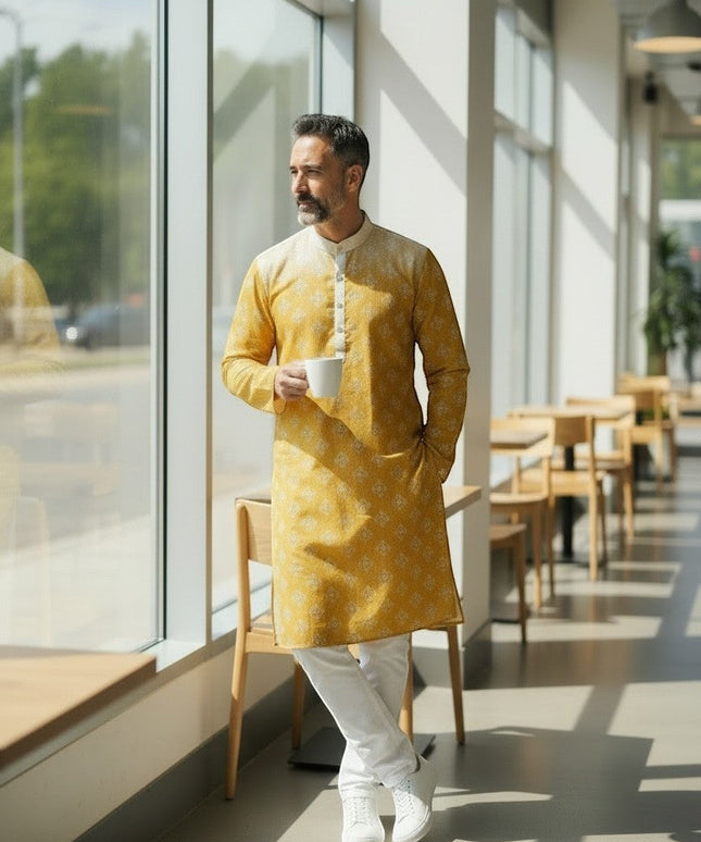 House Of Indian Wedding Attire men's yellow cotton kurta pajama set with white pants and subtle floral print.