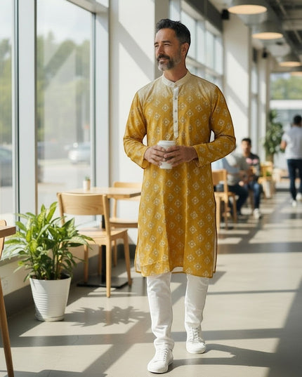 House Of Indian Wedding Attire men's yellow cotton kurta pajama set with white patterned print and white pants.