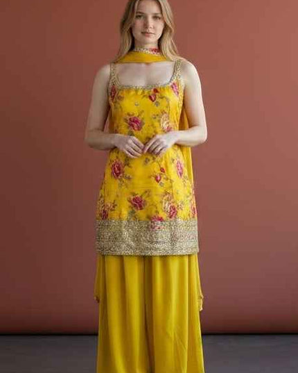 Sleeveless yellow sharara suit