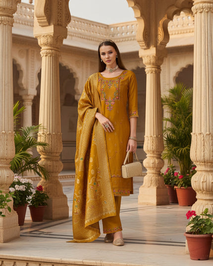 Linen silk Kurti set with banarasi dupatta - Kurti Connection USA
