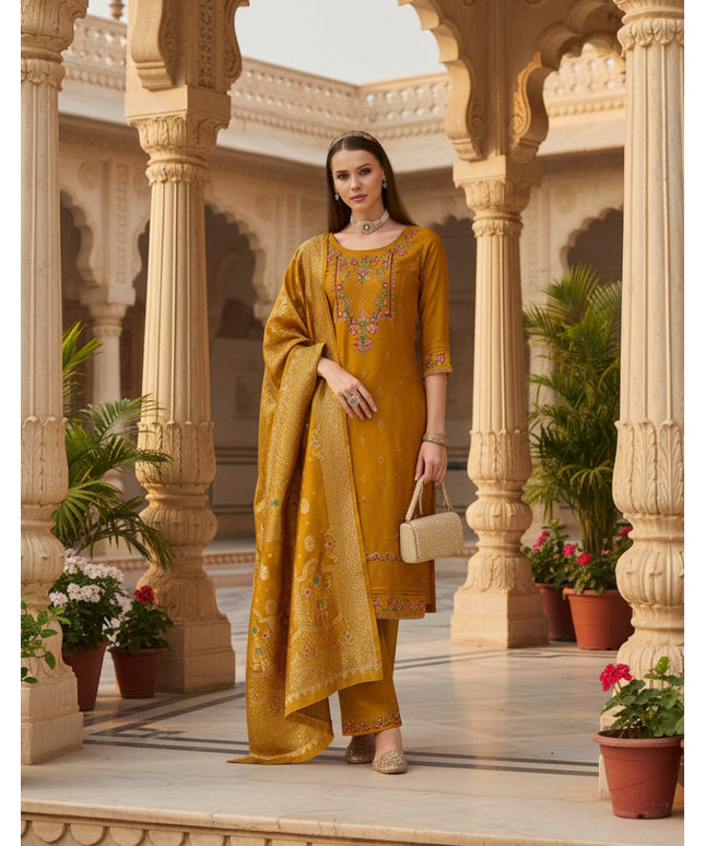 Linen silk Kurti set with banarasi dupatta - Kurti Connection USA