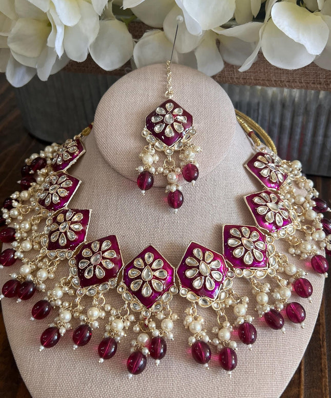 Kundan Necklace Set Gold Plated | Indian Bridal Polki Jewelry | Wedding Necklace Earrings & Maang Tikka | Ethnic Festive Jewelry by Etsy