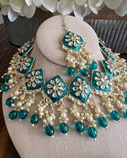 Kundan Necklace Set Gold Plated | Indian Bridal Polki Jewelry | Wedding Necklace Earrings & Maang Tikka | Ethnic Festive Jewelry by Etsy