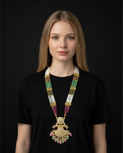 Kurti Connection USA traditional multi-strand beaded necklace with kundan pendant, pearl accents, and teardrop beads.