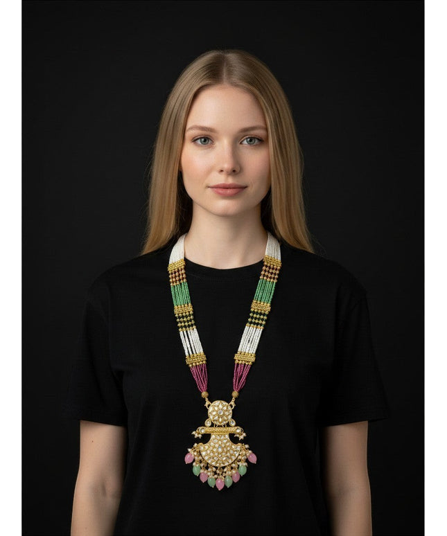 Kurti Connection USA traditional multi-strand beaded necklace with kundan pendant, pearl accents, and teardrop beads.
