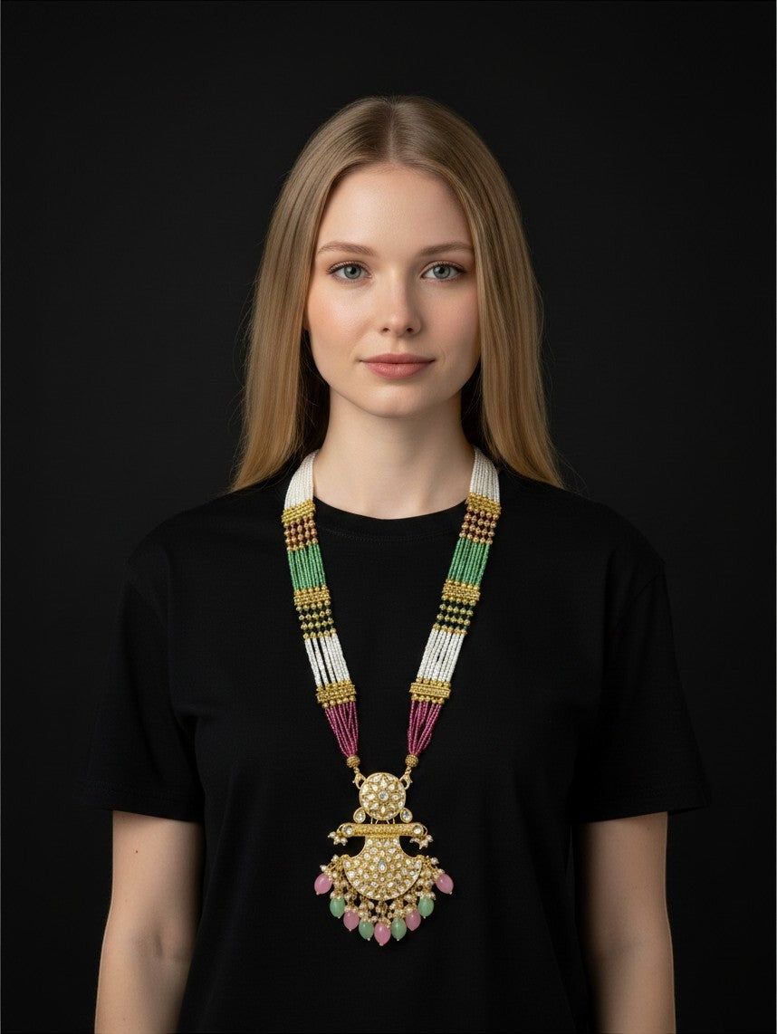 Kurti Connection USA traditional multi-strand beaded necklace with kundan pendant, pearl accents, and teardrop beads.