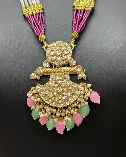 Kurti Connection USA traditional multi-strand beaded statement necklace with kundan stones, pearls, and teardrop beads.
