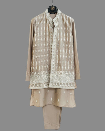 Kurti Connection USA men's beige traditional kurta set with embroidered half jacket and matching trousers