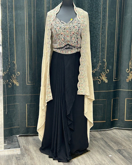Kurti Connection USA black ethnic gown with embroidered bodice and sheer neutral cape for formal events