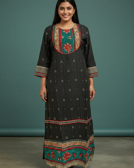 Kurti Connection USA black maxi dress with embroidered neckline and hem, featuring a subtle all-over print and contrasting border details.