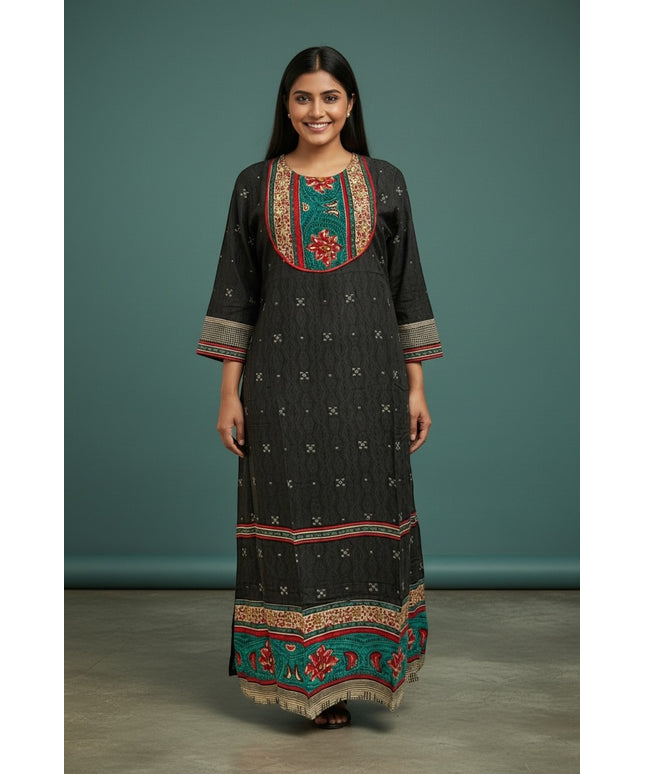 Kurti Connection USA black maxi dress with embroidered neckline and hem, featuring a subtle all-over print and contrasting border details.