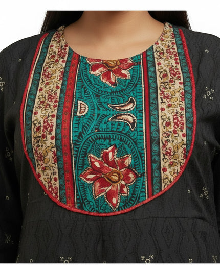 Kurti Connection USA black maxi dress with embroidered neckline featuring floral and geometric patterns in red, teal, and cream.