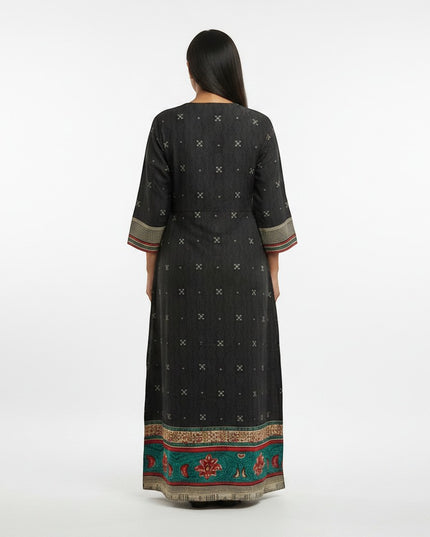 Kurti Connection USA black maxi dress with all-over print, embroidered neckline, and contrasting border detail.