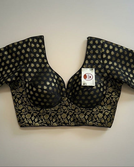 Kurti Connection USA black and gold brocade blouse with floral embroidery and sweetheart neckline.