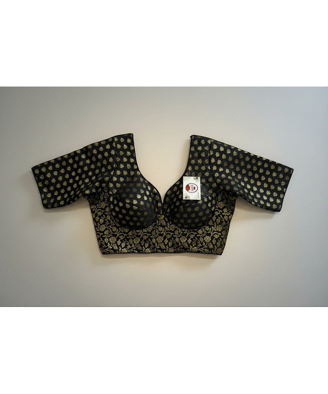 Kurti Connection USA black and gold brocade blouse with floral embroidery and sweetheart neckline.