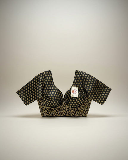Kurti Connection USA black and gold brocade blouse with floral embroidery and sweetheart neckline.