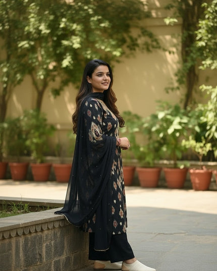 Kurti Connection USA black printed kurta with pants and dupatta set, featuring intricate neckline detailing and a sheer dupatta.