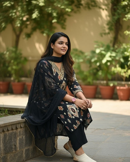 Kurti Connection USA black printed kurta set with pants and dupatta, featuring intricate neckline detailing and gold border.