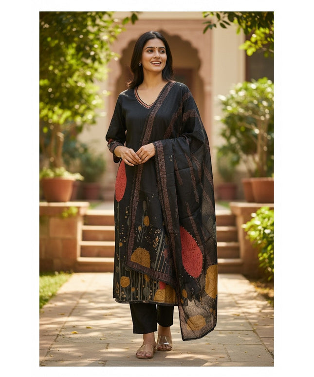 Kurti Connection USA black kurti set with abstract floral print, V-neck, full sleeves, matching dupatta, and black pants.
