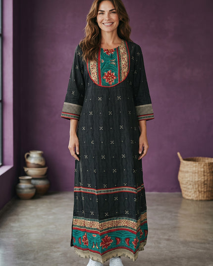 Kurti Connection USA black rayon cotton nighty with embroidered neckline and floral border
