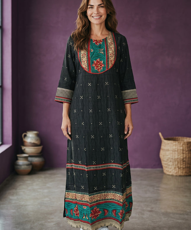 Kurti Connection USA black rayon cotton nighty with embroidered neckline and floral border