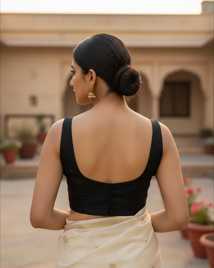 Kurti Connection USA sleeveless black ethnic blouse with a scoop back, worn with a cream saree in an outdoor setting.