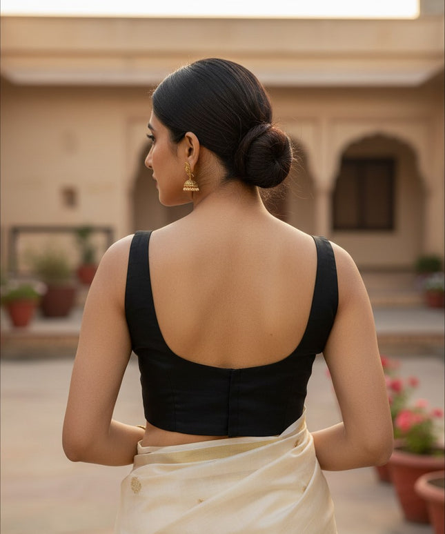 Kurti Connection USA sleeveless black ethnic blouse with a scoop back, worn with a cream saree in an outdoor setting.