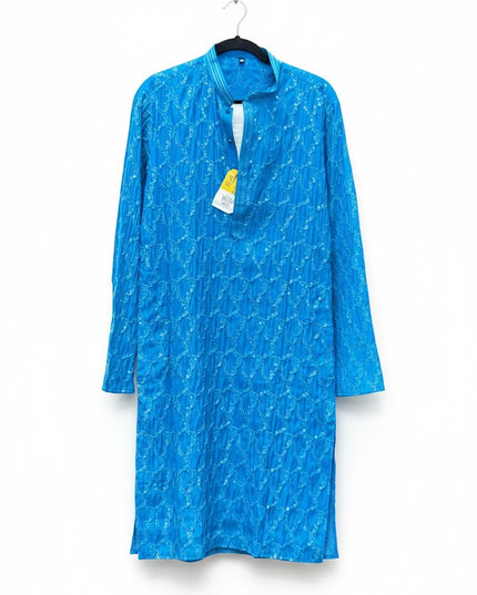 Kurti Connection USA vibrant blue men's kurta tunic featuring intricate tonal embroidery and a mandarin collar.