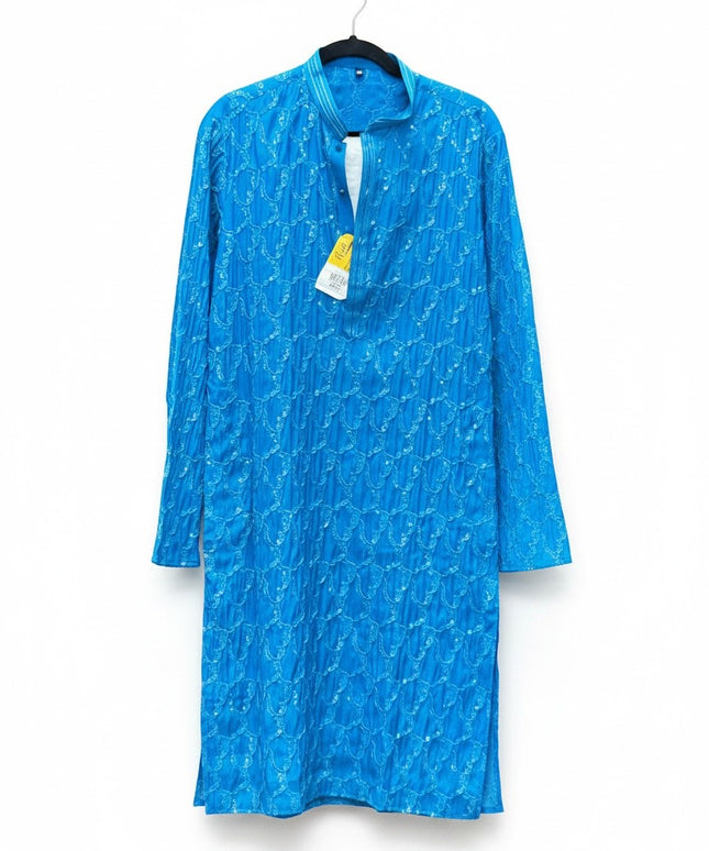 Kurti Connection USA vibrant blue men's kurta tunic featuring intricate tonal embroidery and a mandarin collar.