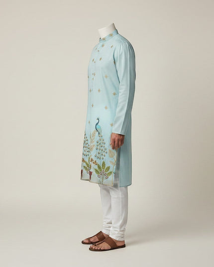 Kurti Connection USA light blue silk kurta set with intricate peacock embroidery and white pajama.