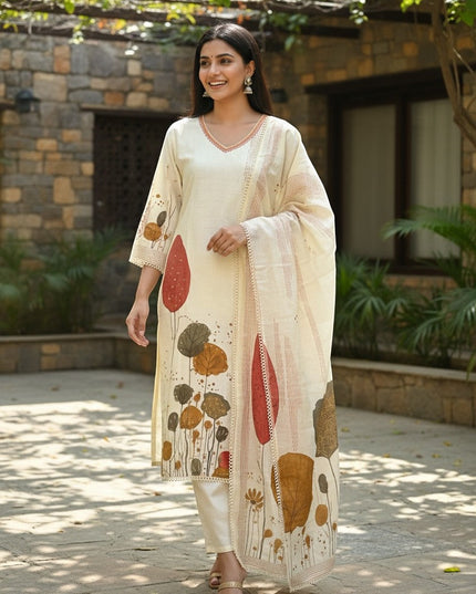 Kurti Connection USA cream botanical print kurta set with dupatta and trousers, featuring V-neck and lace trim.