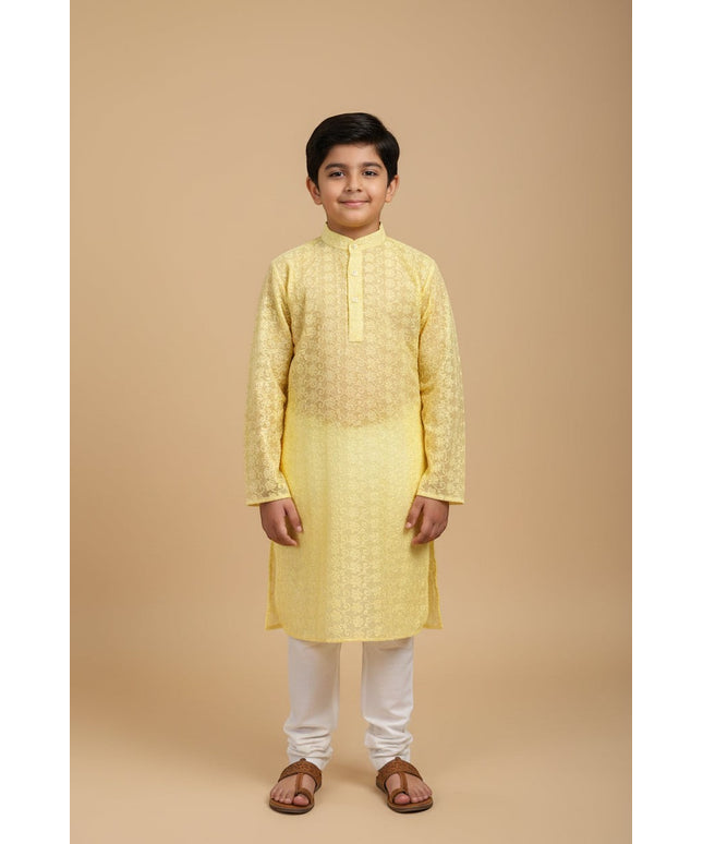 Kurti Connection USA boys yellow embroidered kurta set with mandarin collar and white churidar trousers
