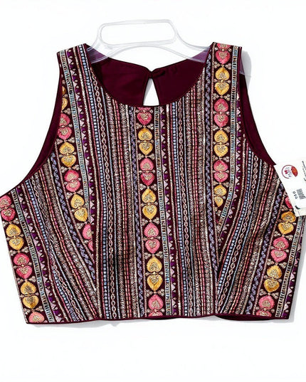 Kurti Connection USA burgundy sleeveless crop top with gold and pink heart embroidery, beadwork, and back-button closure
