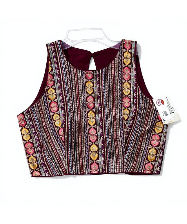 Kurti Connection USA burgundy sleeveless crop top with gold and pink heart embroidery, beadwork, and back-button closure