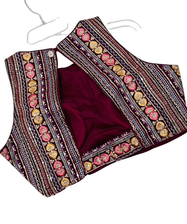 Kurti Connection USA burgundy sleeveless crop top blouse with gold and pink heart embroidery and beadwork