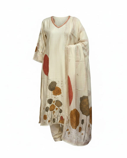 Kurti Connection USA cream botanical print kurta set with dupatta and trousers. V-neck, lace trim.