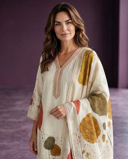 Kurti Connection USA cream botanical print kurta set with dupatta and trousers, featuring V-neck and lace trim.