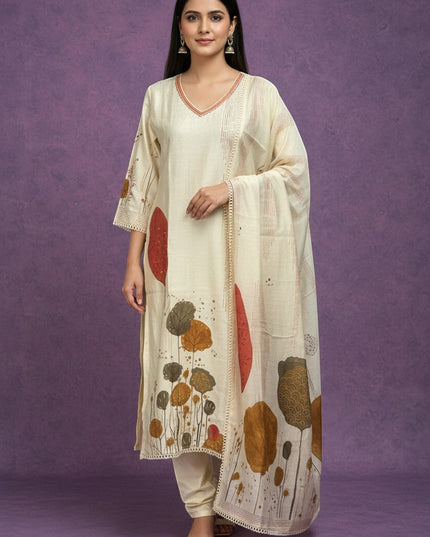 Kurti Connection USA cream botanical print kurta set with rust, brown, ochre tones, V-neck, lace trim, and dupatta.