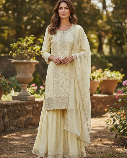 Kurti Connection USA cream silk blend kurti sharara set with silver embroidery and sequin dupatta.