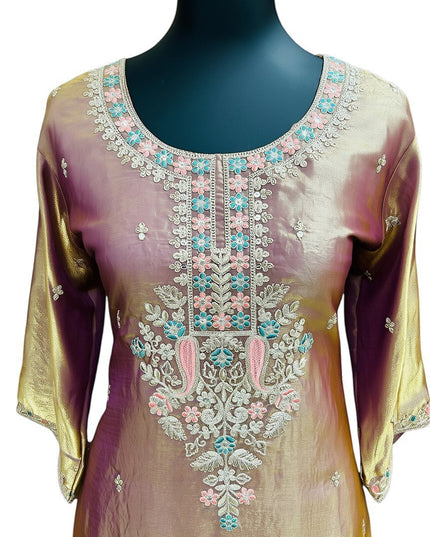 Kurti Connection USA dual tone tissue set with intricate embroidery on neckline and sleeves in pink, blue, and white.