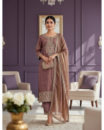 Kurti Connection USA dual tone tissue set with intricate embroidery on the neckline and hem. Includes matching dupatta and pants.