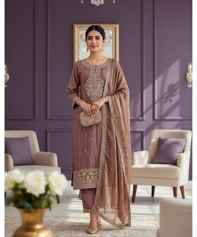 Kurti Connection USA dual tone tissue set with intricate embroidery on the neckline and hem. Includes matching dupatta and pants.